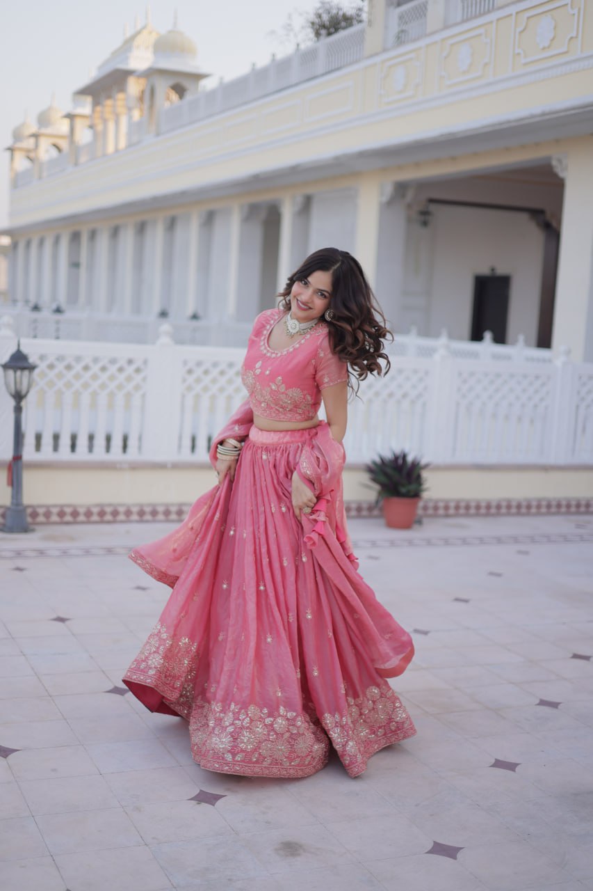 Pink Fendi Silk Zari Sequins Lehenga Choli