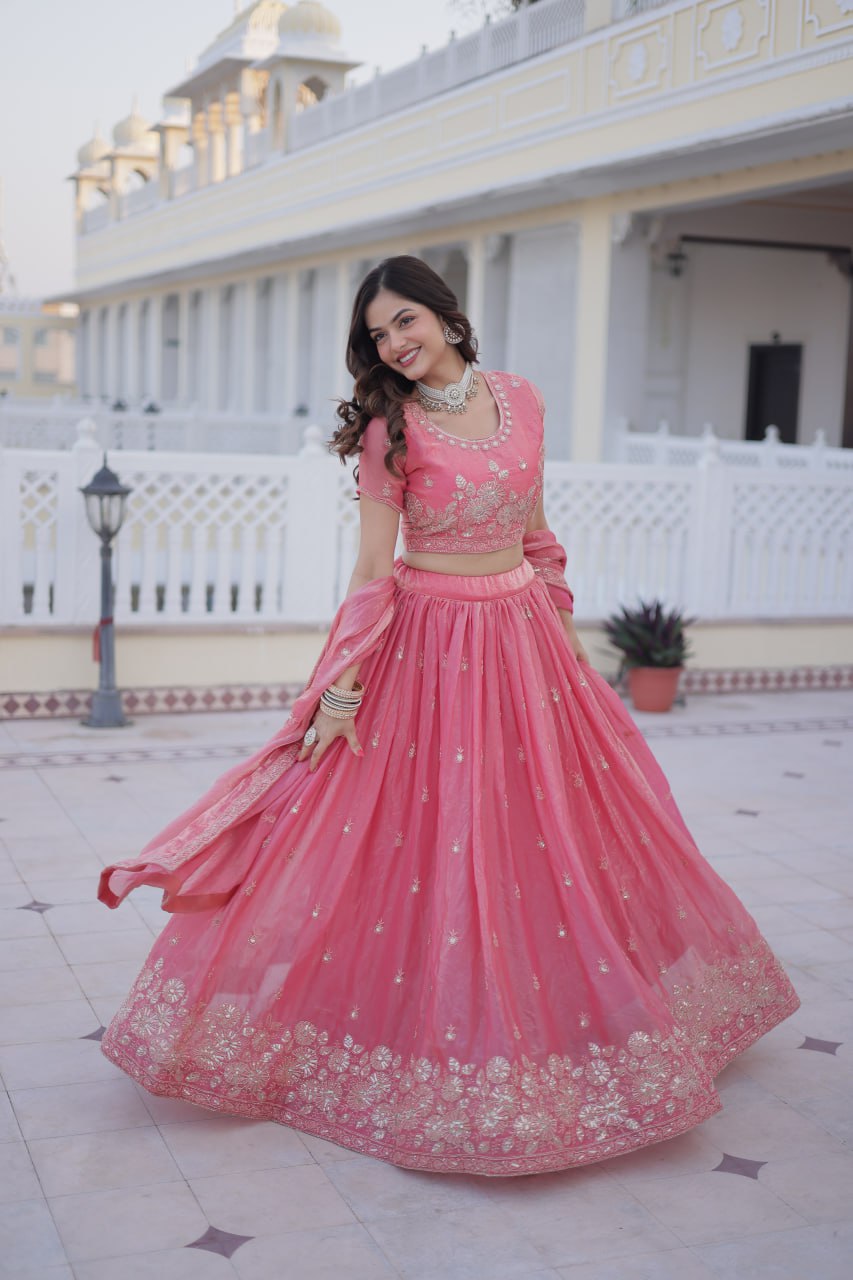 Pink Fendi Silk Zari Sequins Lehenga Choli