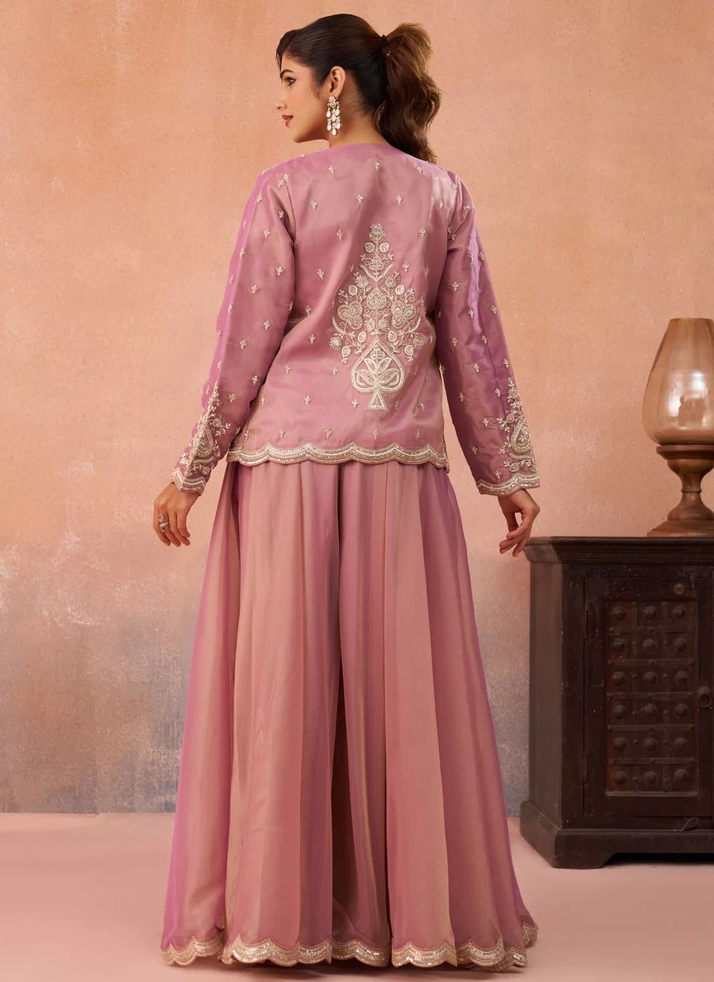 Pink tissue indo western co ord set with embroidered jacket flared palazzo