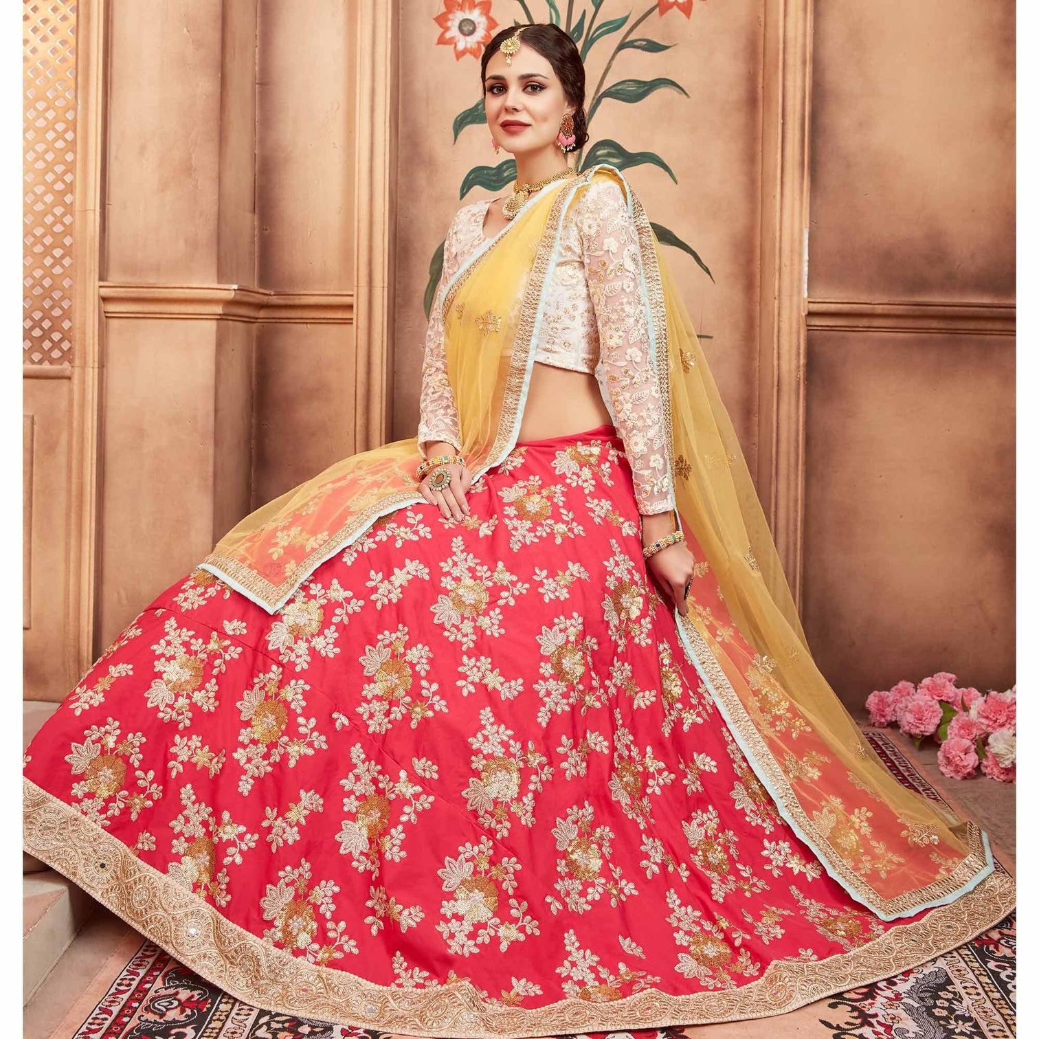 Pink Festive Wear Thread Sequins Zari Work Tafetta Silk Lehenga Choli