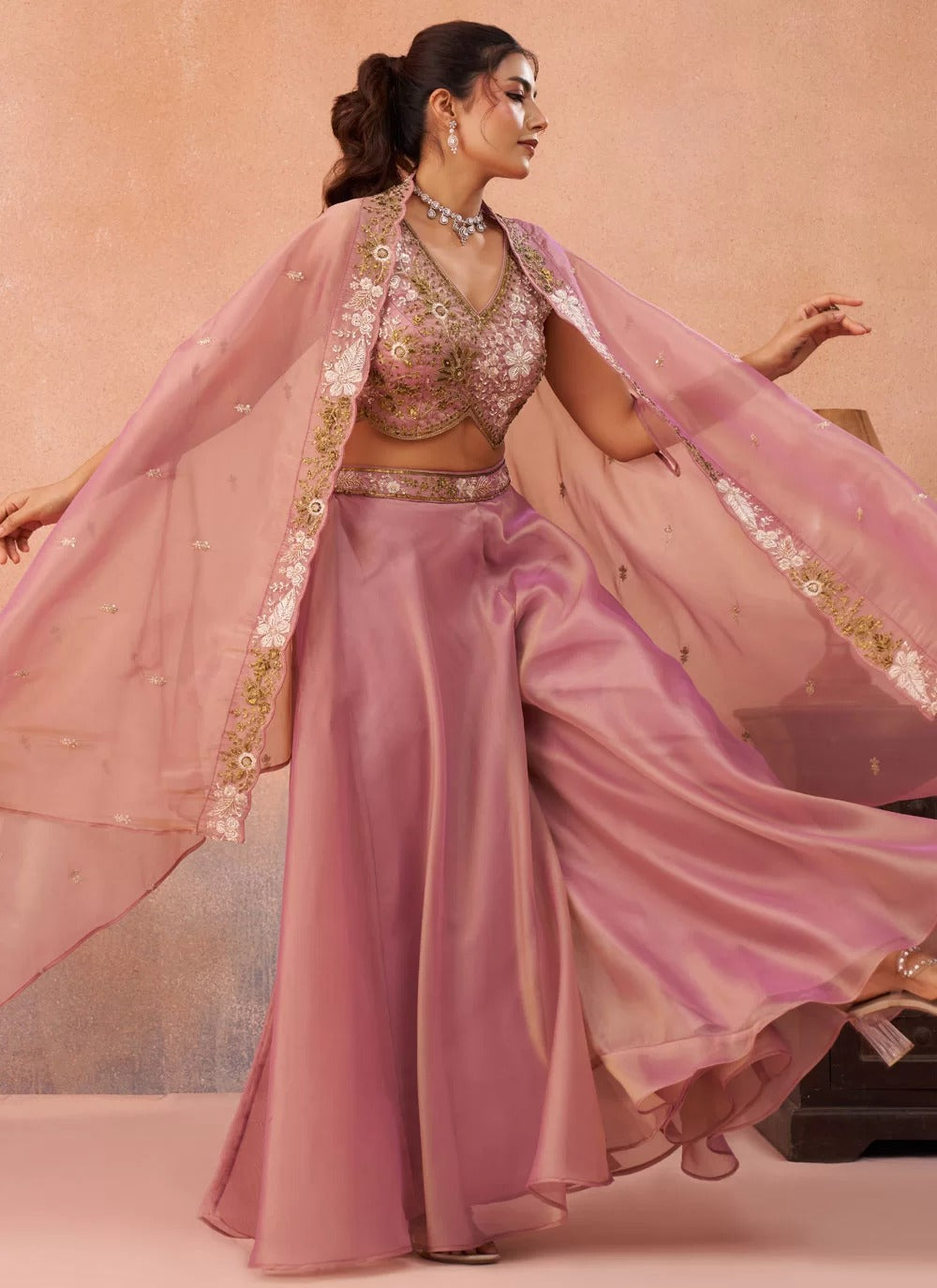 Pink tissue indo western set with embroidered flared cape palazzo