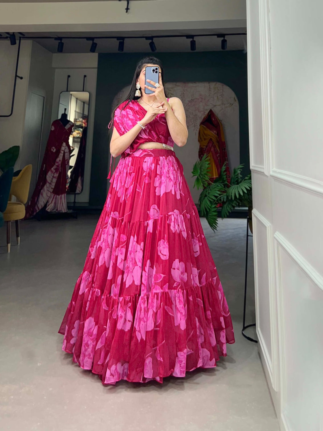 Pink Floral Chiffon Lehenga Co-ord Set