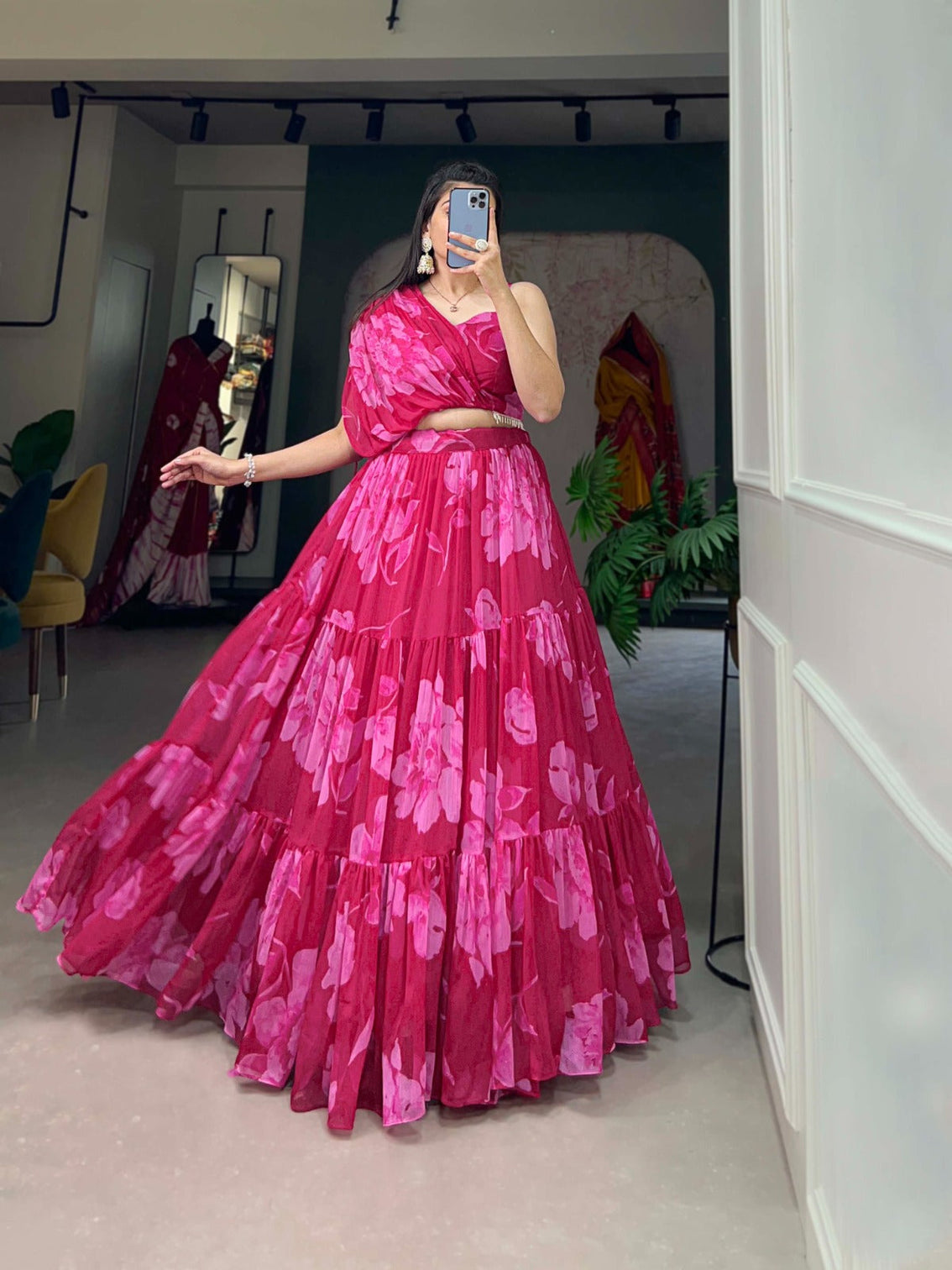 Pink Floral Chiffon Lehenga Co-ord Set