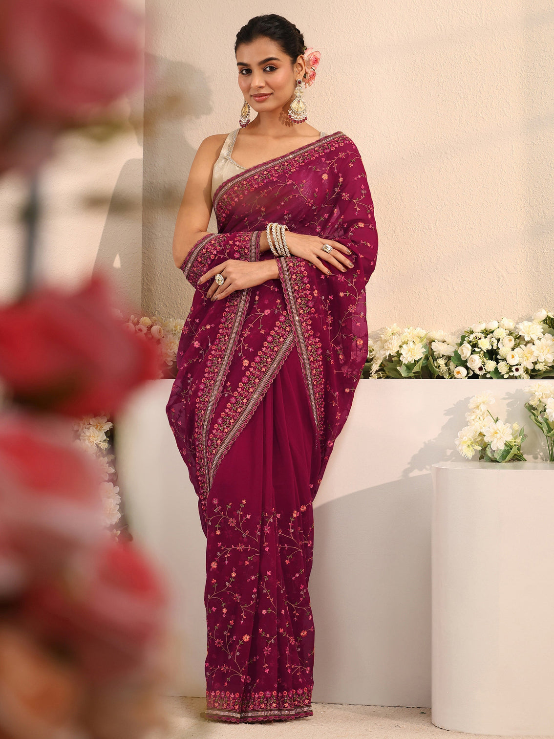 Mameraa Pink Floral Embroidered Net Saree With Unstitched Blouse Piece