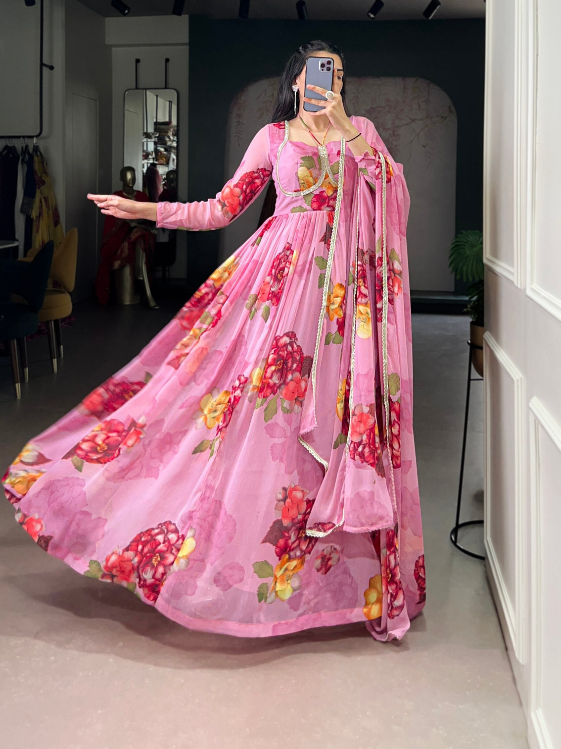 Pink Floral Print Chiffon Stitched Gown with Lace Touch-Up & Designer Dupatta – Full Flair Partywear Gown for Women