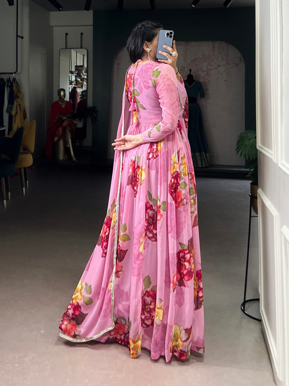 Pink Floral Print Chiffon Stitched Gown with Lace Touch-Up & Designer Dupatta – Full Flair Partywear Gown for Women