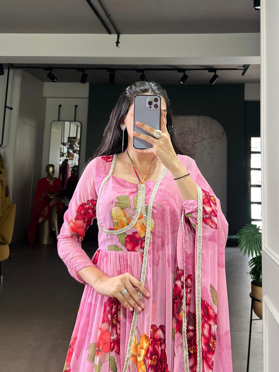 Pink Floral Print Chiffon Stitched Gown with Lace Touch-Up & Designer Dupatta – Full Flair Partywear Gown for Women
