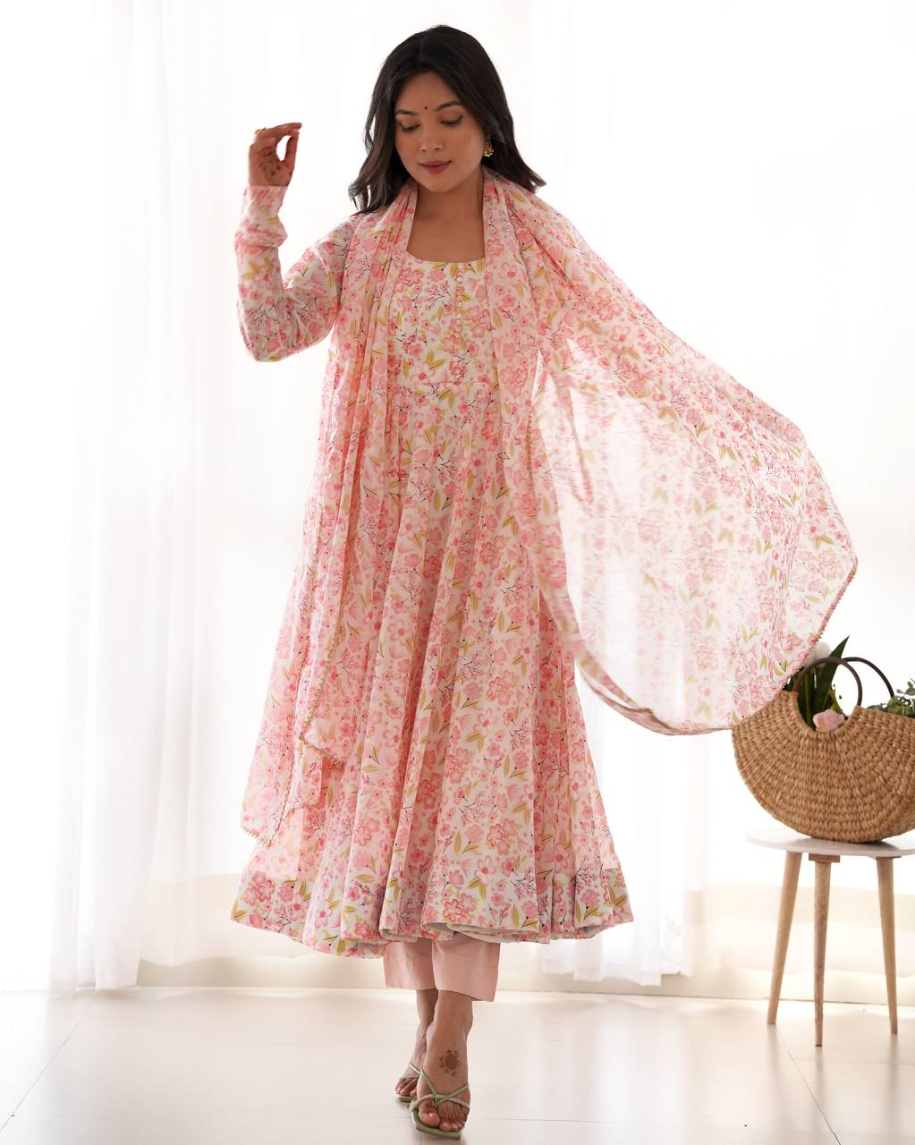 Pink Floral Print Heavy Chiffon Anarkali Set with Potli Neck, Dupatta & Pants