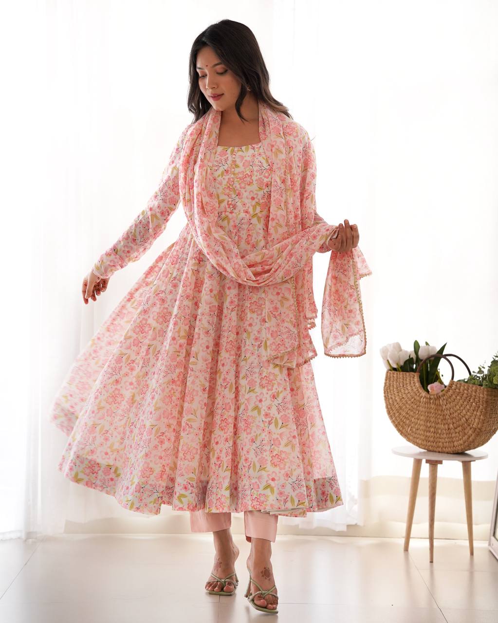Pink Floral Print Heavy Chiffon Anarkali Set with Potli Neck, Dupatta & Pants