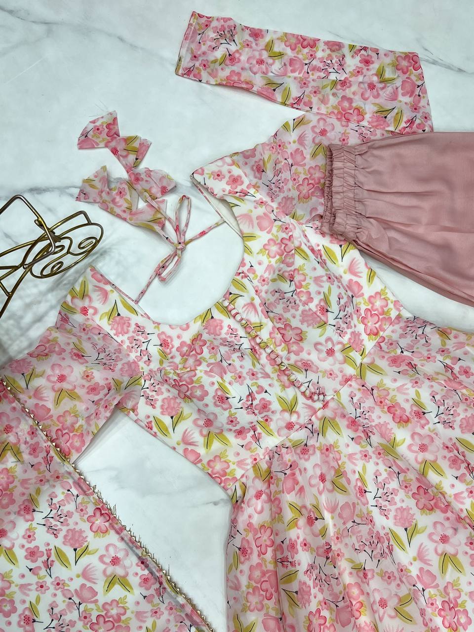 Pink Floral Print Heavy Chiffon Anarkali Set with Potli Neck, Dupatta & Pants