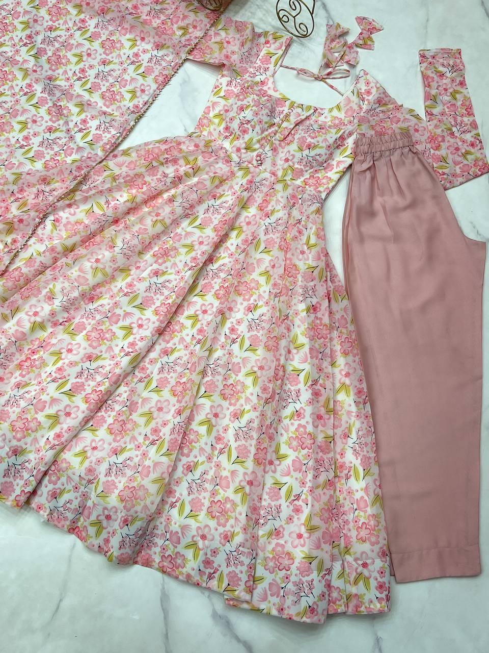 Pink Floral Print Heavy Chiffon Anarkali Set with Potli Neck, Dupatta & Pants