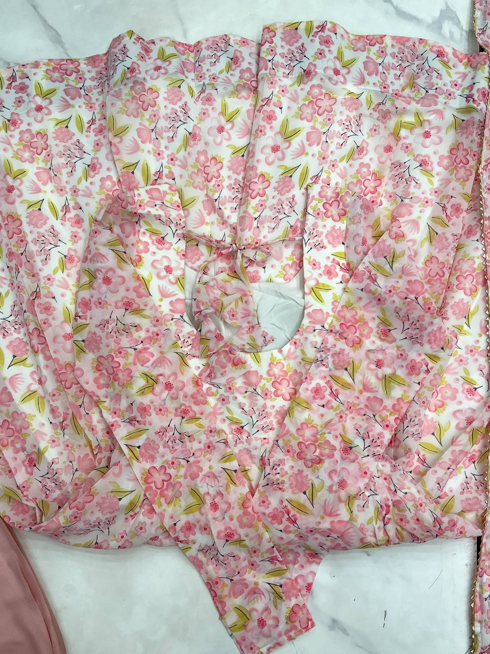 Pink Floral Print Heavy Chiffon Anarkali Set with Potli Neck, Dupatta & Pants