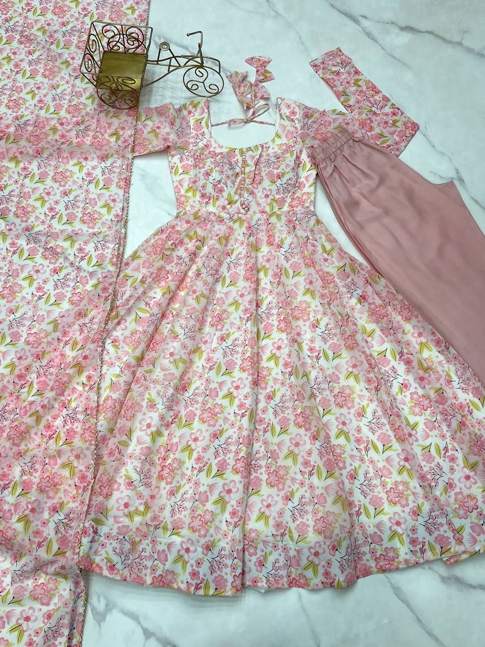 Pink Floral Print Heavy Chiffon Anarkali Set with Potli Neck, Dupatta & Pants