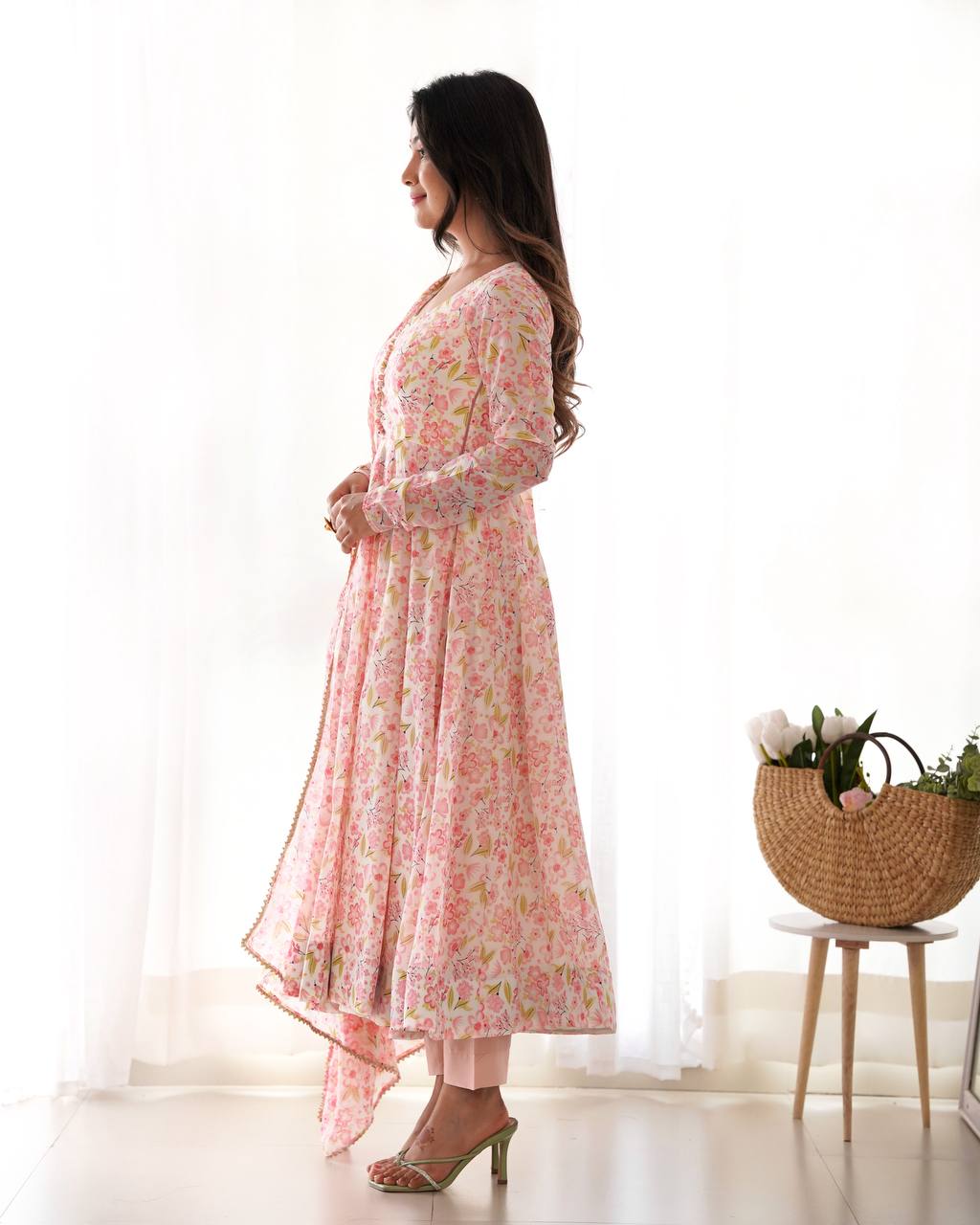 Pink Floral Print Heavy Chiffon Anarkali Set with Potli Neck, Dupatta & Pants
