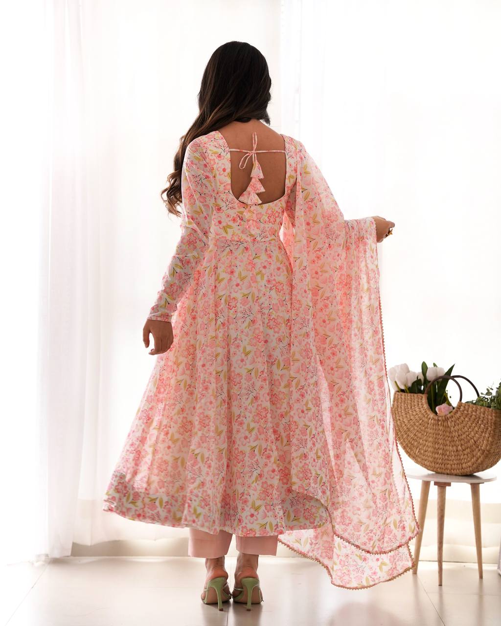 Pink Floral Print Heavy Chiffon Anarkali Set with Potli Neck, Dupatta & Pants