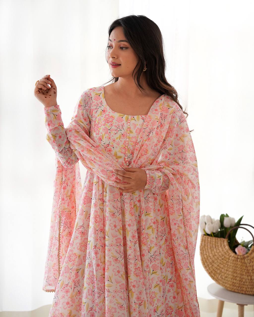 Pink Floral Print Heavy Chiffon Anarkali Set with Potli Neck, Dupatta & Pants