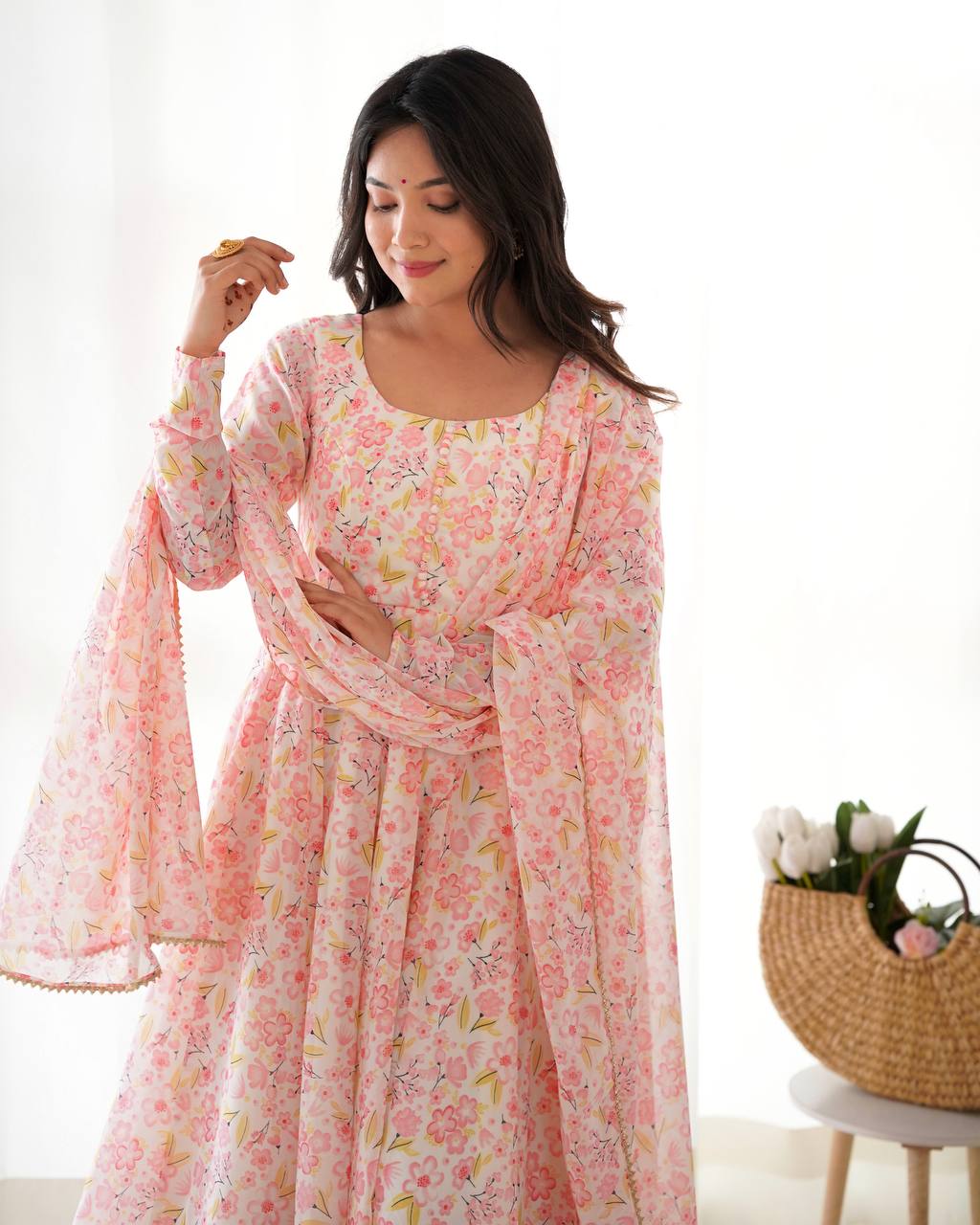 Pink Floral Print Heavy Chiffon Anarkali Set with Potli Neck, Dupatta & Pants