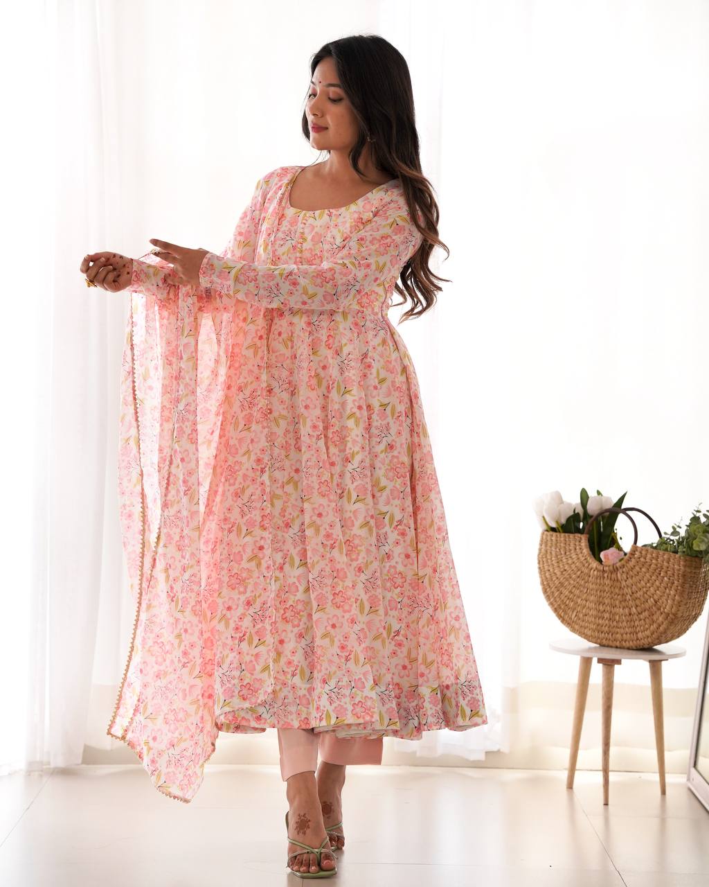 Pink Floral Print Heavy Chiffon Anarkali Set with Potli Neck, Dupatta & Pants