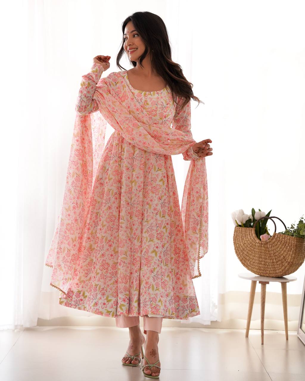 Pink Floral Print Heavy Chiffon Anarkali Set with Potli Neck, Dupatta & Pants