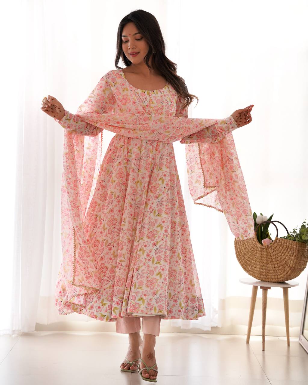 Pink Floral Print Heavy Chiffon Anarkali Set with Potli Neck, Dupatta & Pants