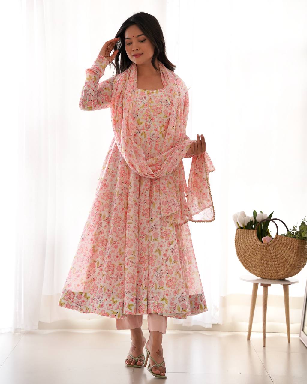 Pink Floral Print Heavy Chiffon Anarkali Set with Potli Neck, Dupatta & Pants
