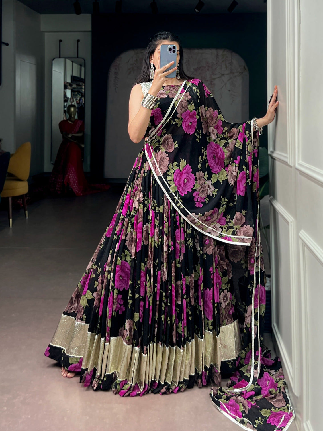 Pink Floral Print Lehenga Choli