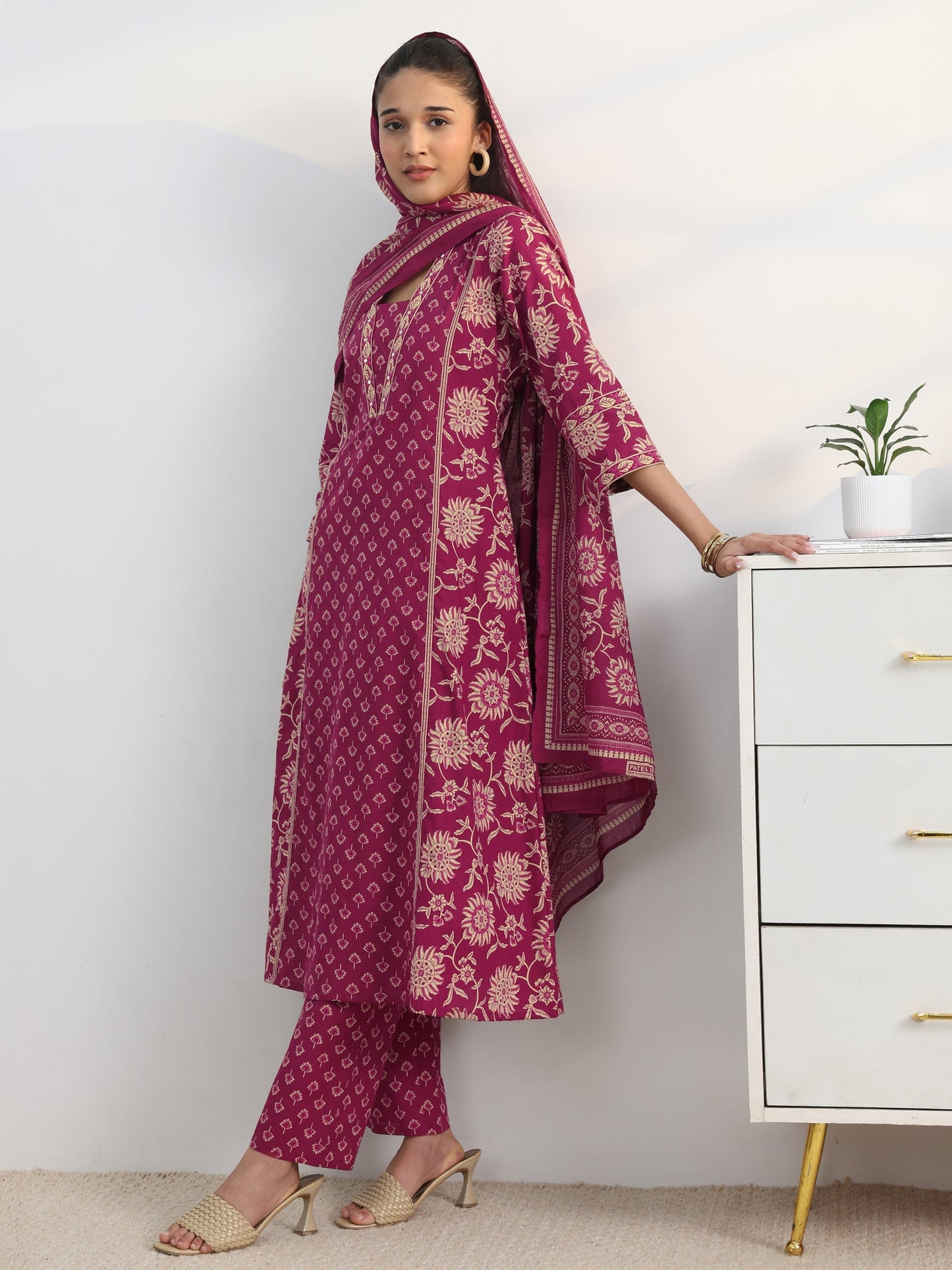 Gerua Pink Floral Printed Cotton Blend A-Line Suit Set With Dupatta