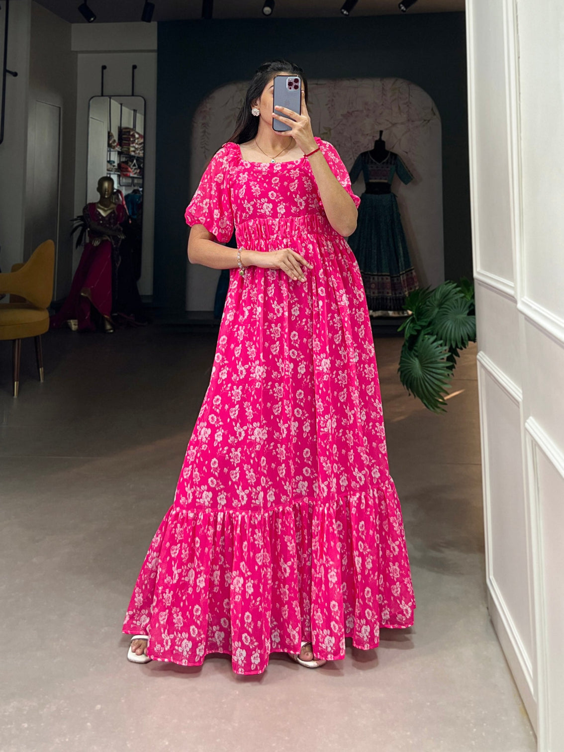 Pink Floral Printed Georgette Gown – Elegant and Timeless Charm