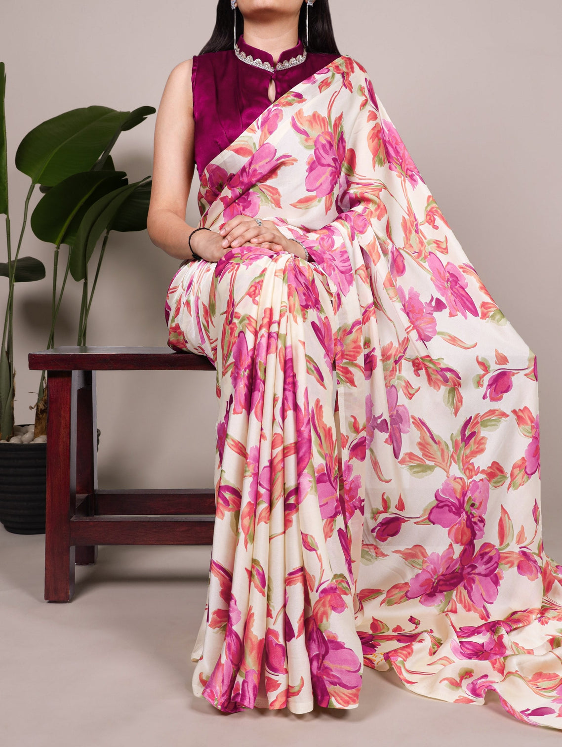 Pink Floral Printed Satin Silk Saree with Fully Stitched Adjustable Natural Silk Blouse & Lace Detailing – Party & Festive Wear
