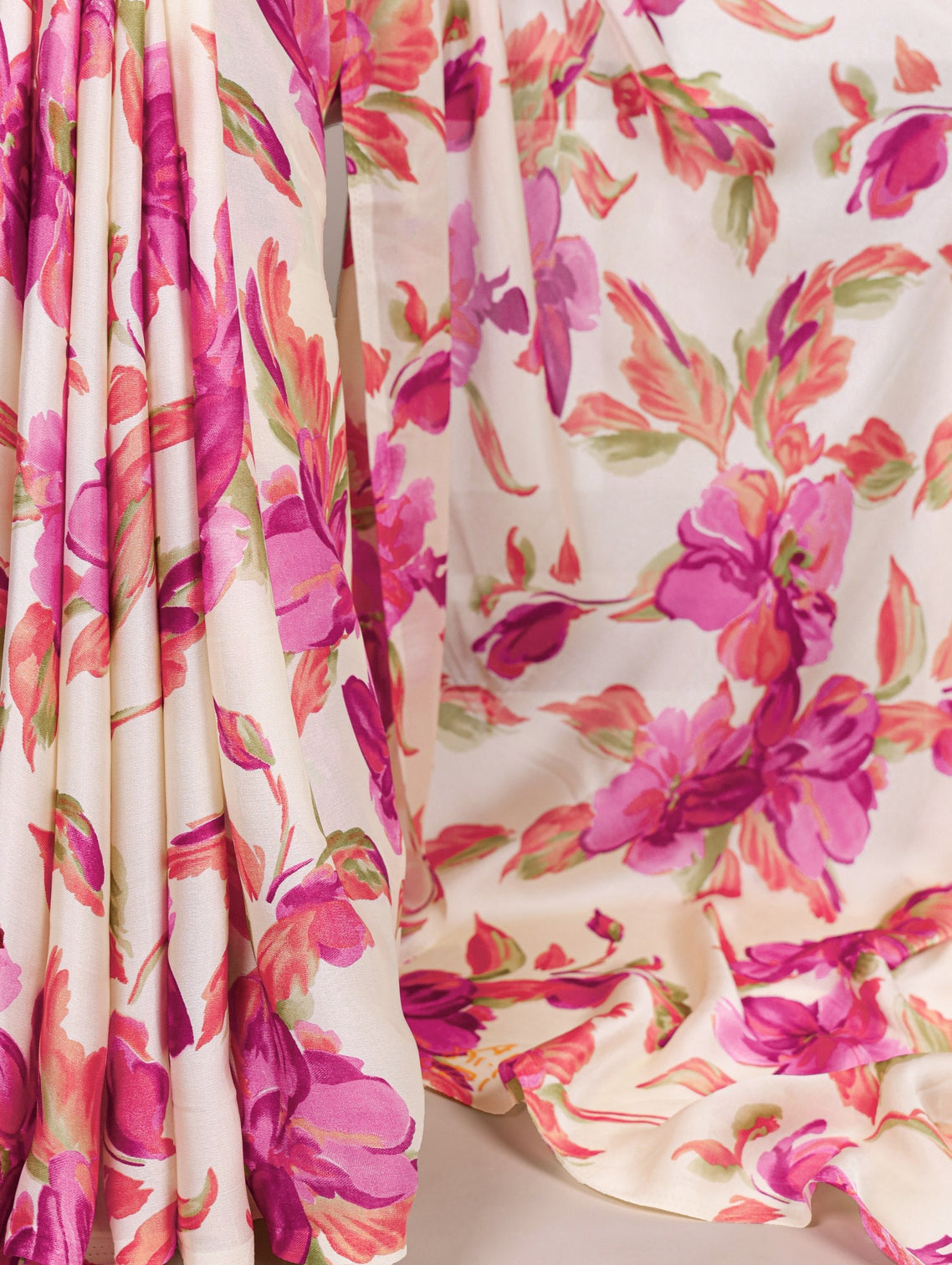 Pink Floral Printed Satin Silk Saree with Fully Stitched Adjustable Natural Silk Blouse & Lace Detailing – Party & Festive Wear