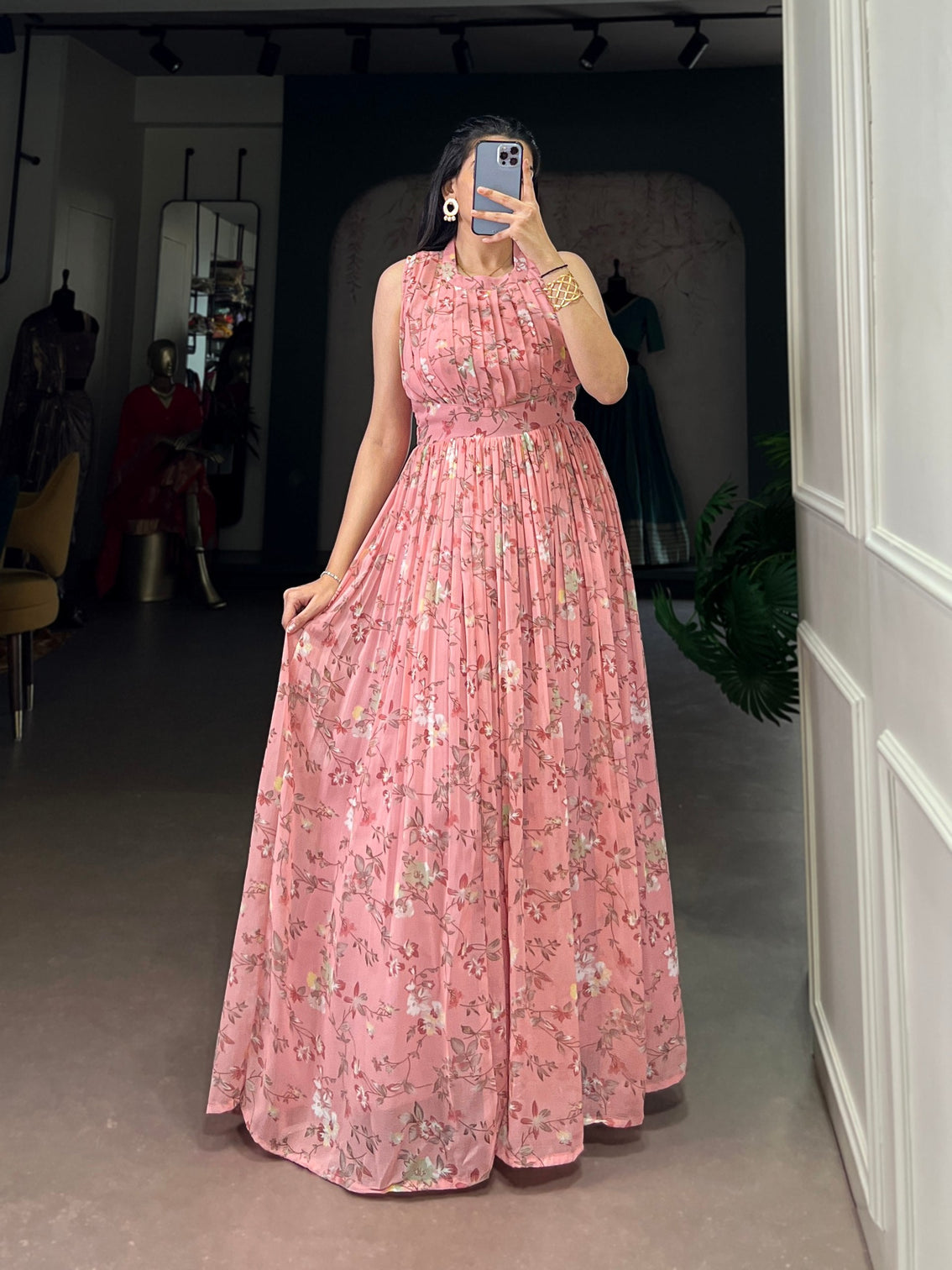 Pink Floral Printed Weightless Marbal Long Dress with 3.40 Meter Flair, Silk Lining & Drawstring Zip Closure – Fully Stitched Casual & Party Wear
