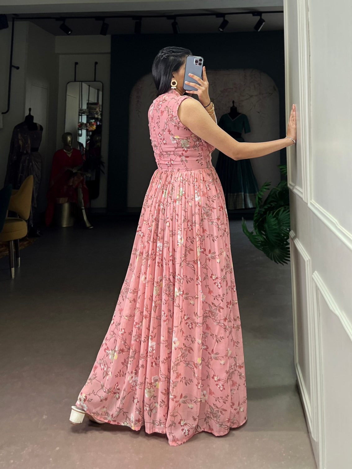 Pink Floral Printed Weightless Marbal Long Dress with 3.40 Meter Flair, Silk Lining & Drawstring Zip Closure – Fully Stitched Casual & Party Wear