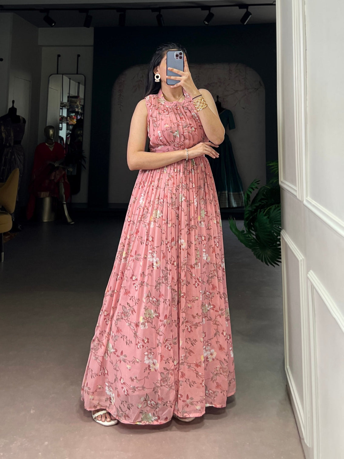Pink Floral Printed Weightless Marbal Long Dress with 3.40 Meter Flair, Silk Lining & Drawstring Zip Closure – Fully Stitched Casual & Party Wear