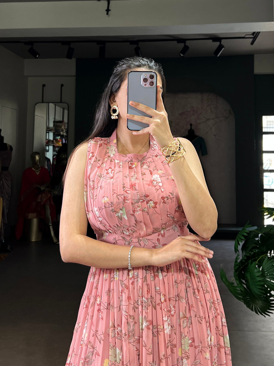 Pink Floral Printed Weightless Marbal Long Dress with 3.40 Meter Flair, Silk Lining & Drawstring Zip Closure – Fully Stitched Casual & Party Wear