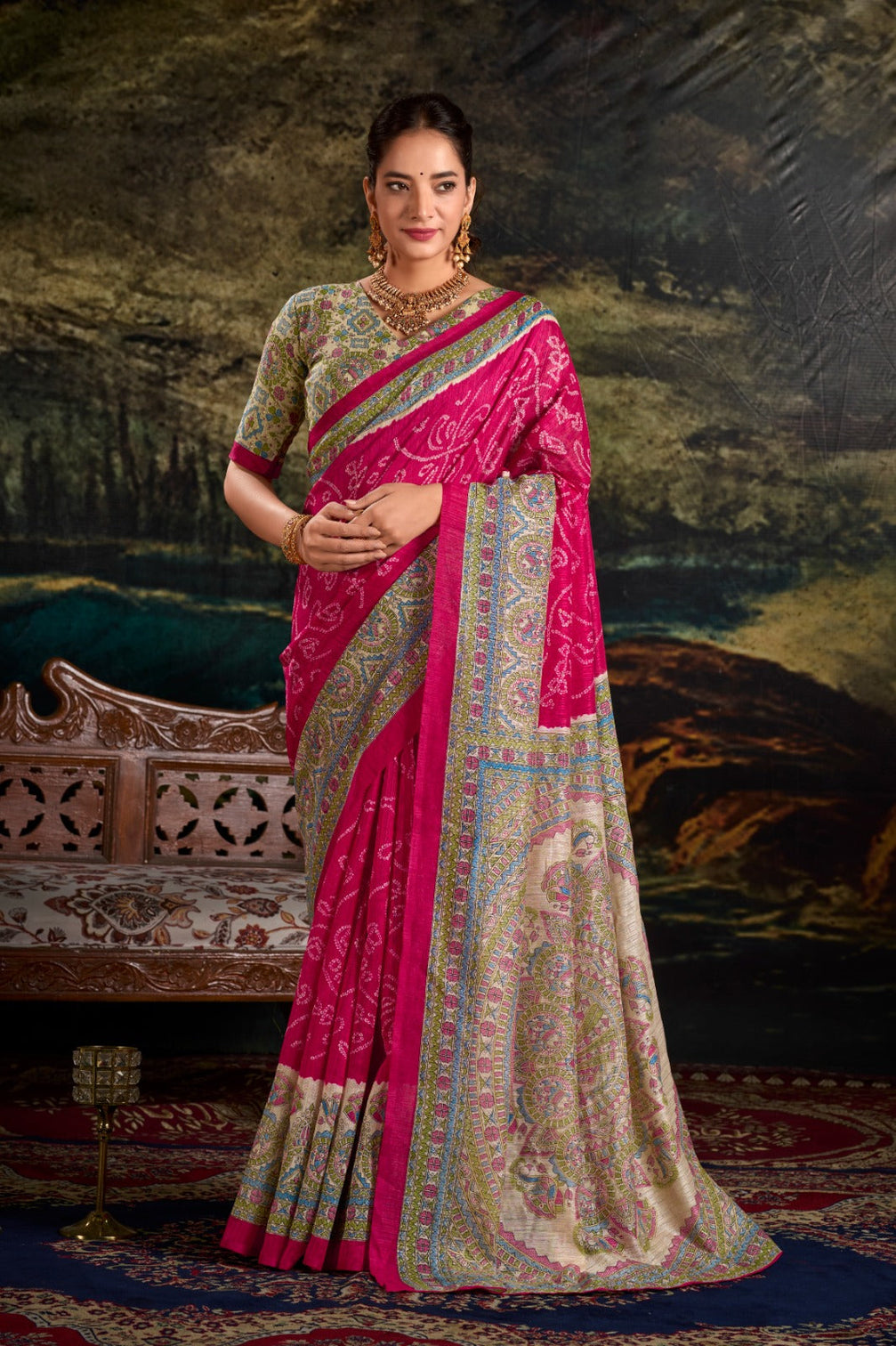 Pink Fusion of Madhubani and Bandhej Green Silk Saree with Unstitched Blouse