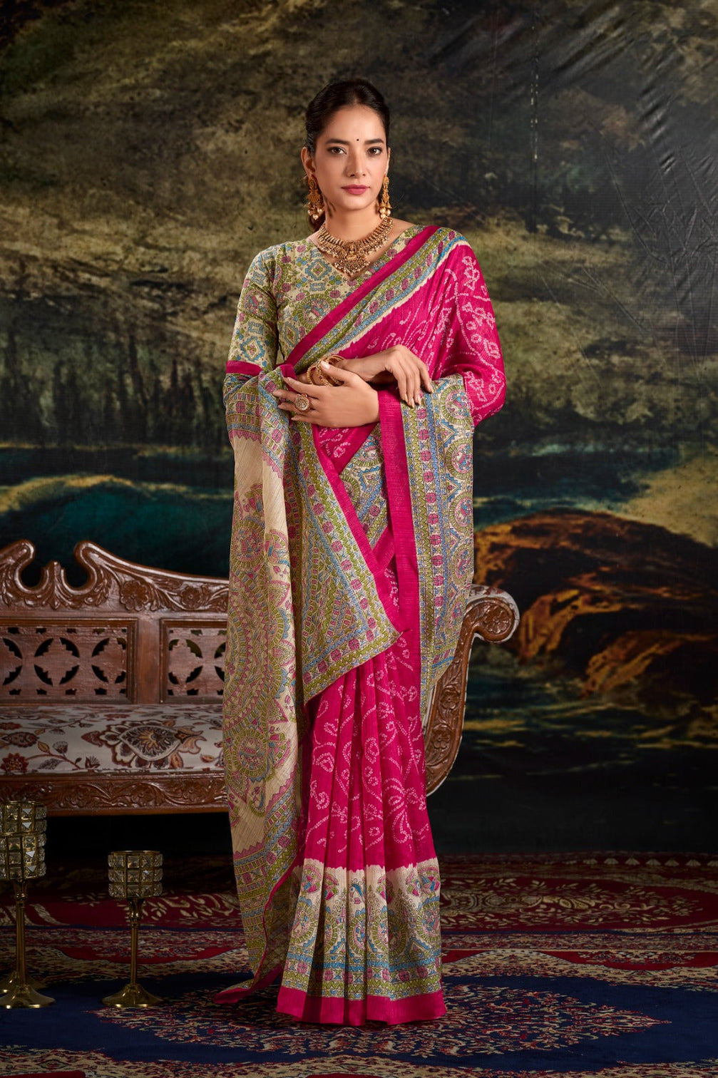 Pink Fusion of Madhubani and Bandhej Green Silk Saree with Unstitched Blouse