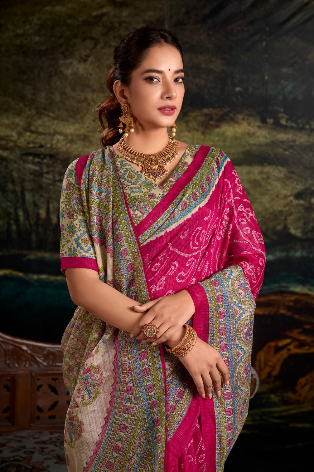 Pink Fusion of Madhubani and Bandhej Green Silk Saree with Unstitched Blouse