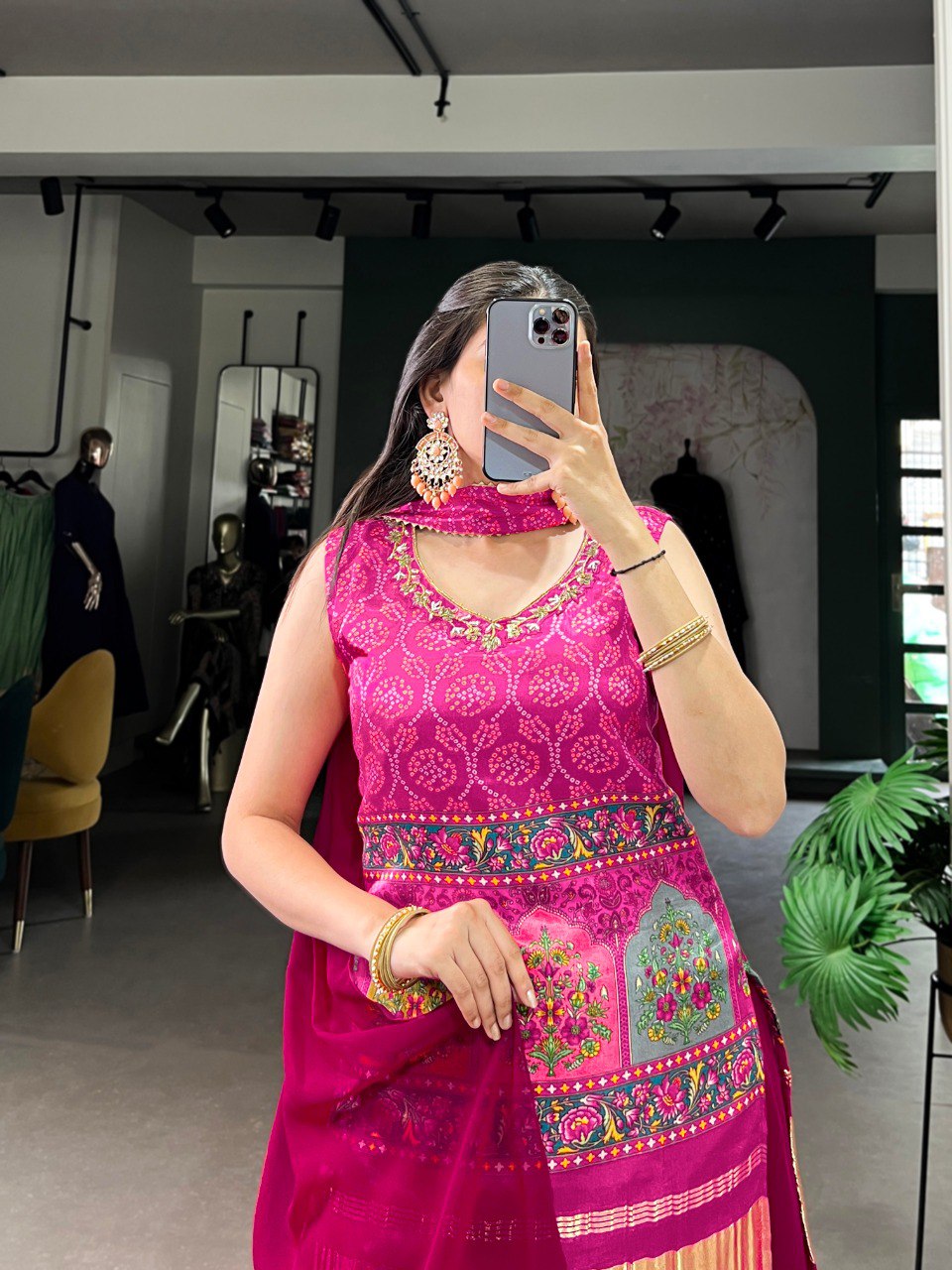 Pink Gaji Silk Printed & Handwork Kurti Set with Georgette Plazo and Dupatta – Fully Stitched