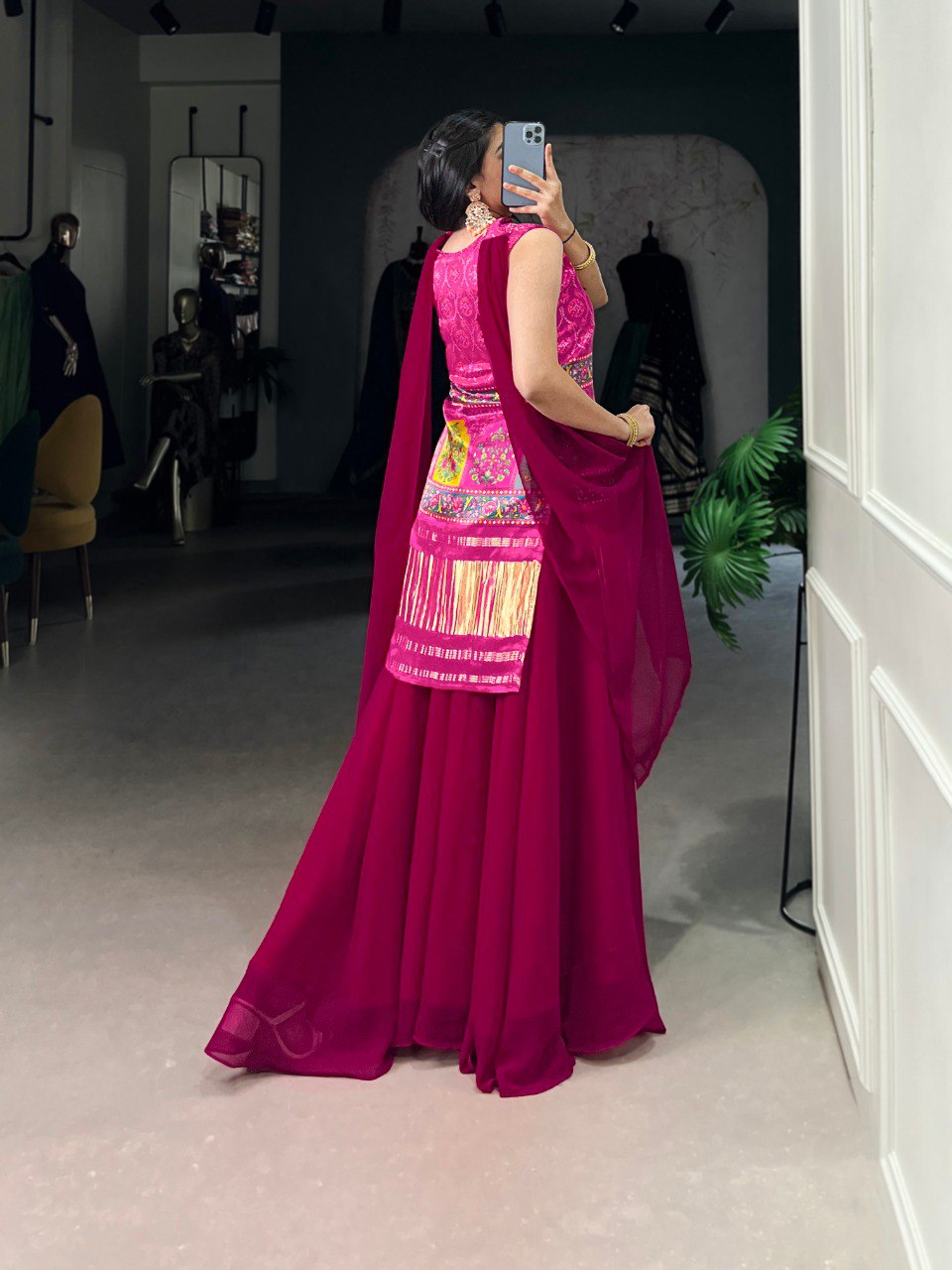 Pink Gaji Silk Printed & Handwork Kurti Set with Georgette Plazo and Dupatta – Fully Stitched