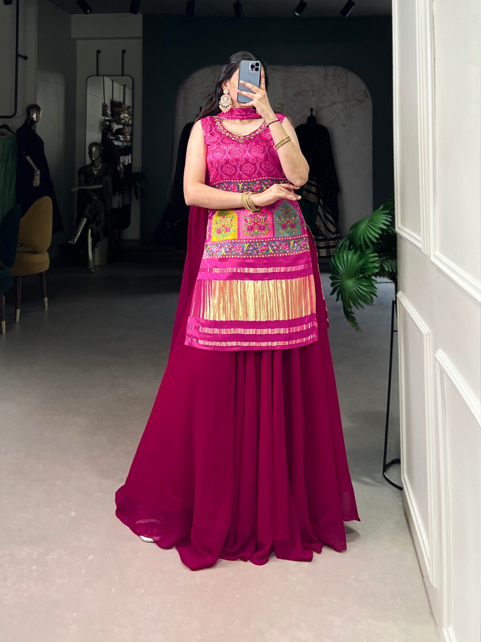 Pink Gaji Silk Printed & Handwork Kurti Set with Georgette Plazo and Dupatta – Fully Stitched