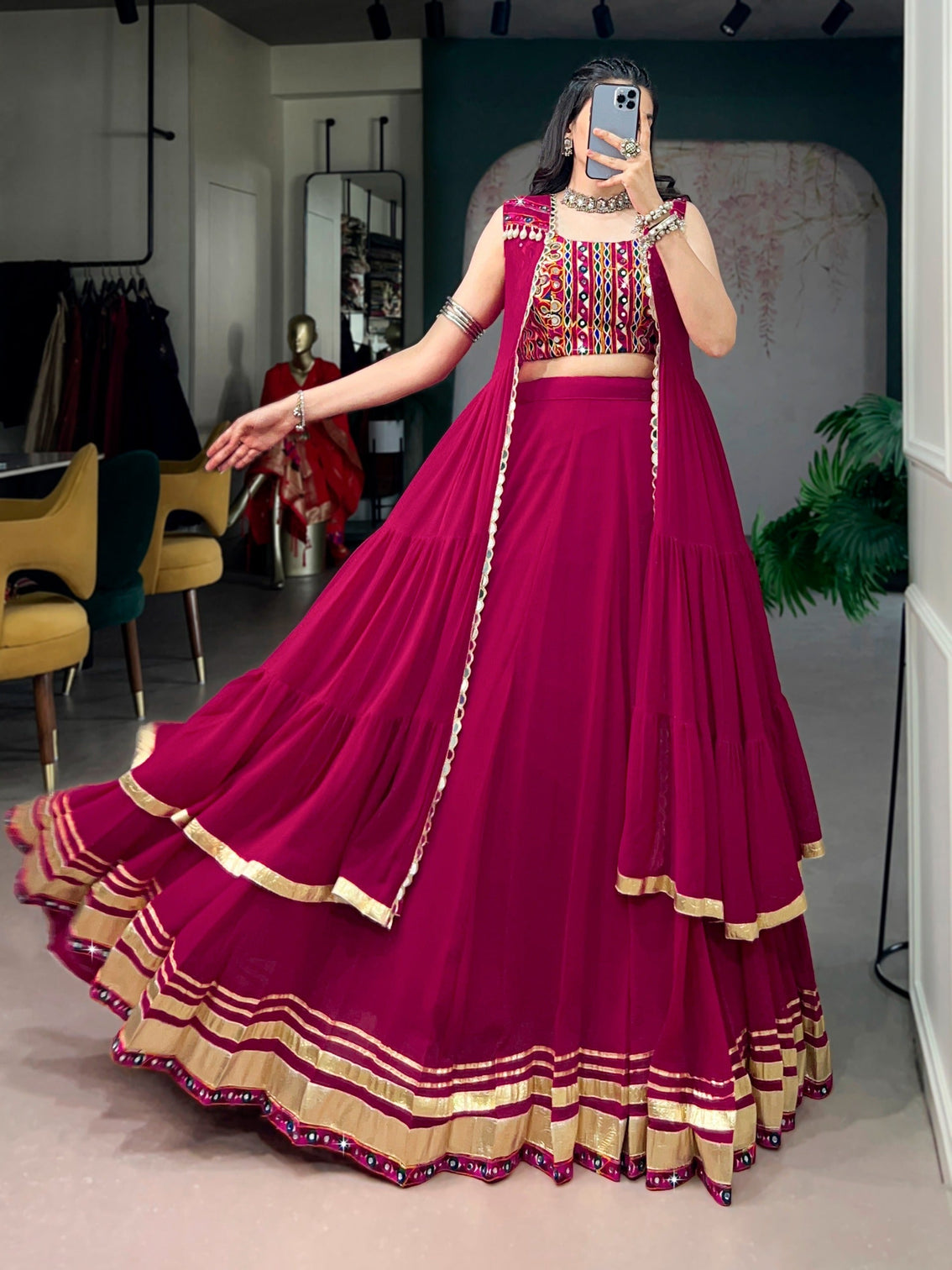 Pink Gamthi Mirror Work Lehenga set