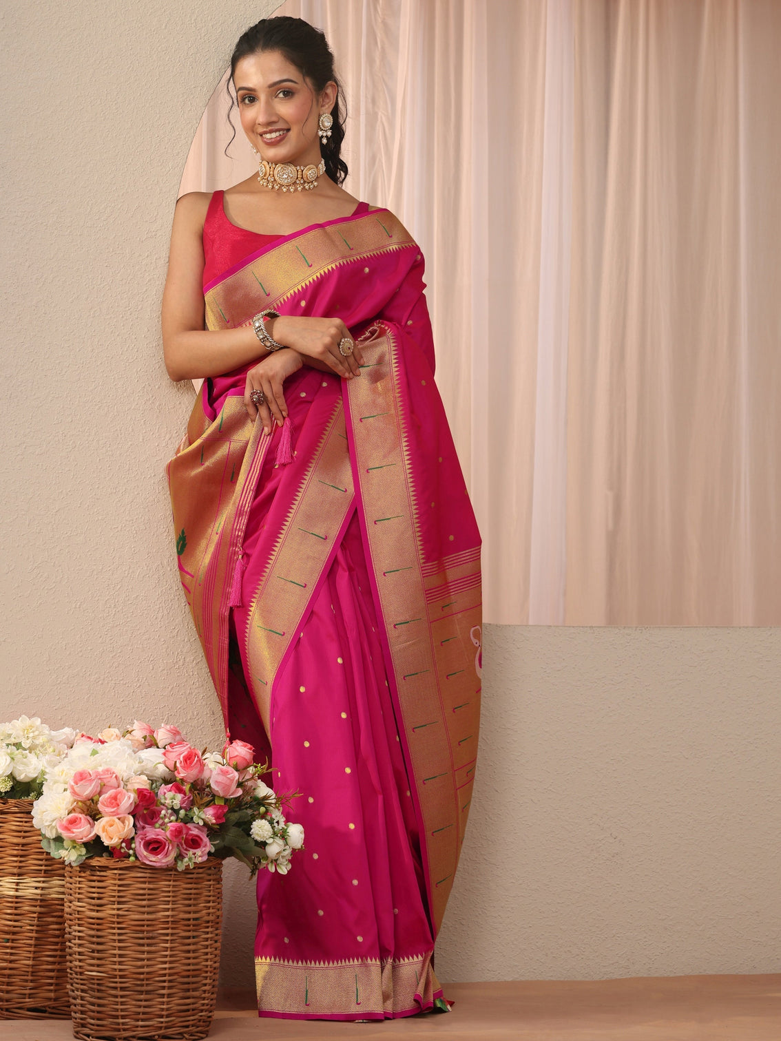 Mameraa Pink Silk Blend Paithani Saree