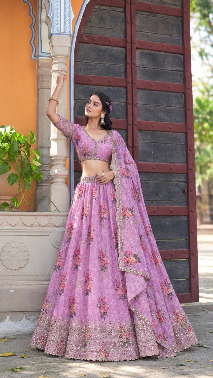 Pink Georgette Digital Print Lehenga