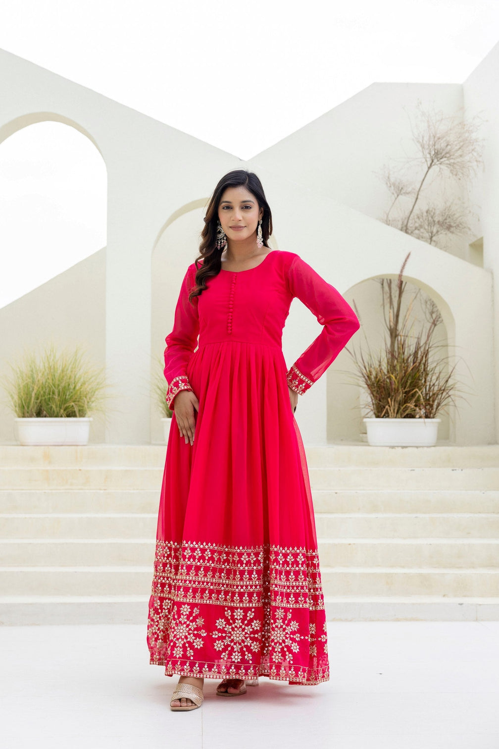 Pink Georgette Embroidered Gown with Dupatta Zari & Sequins Work Fully Stitched & Ready to Wear