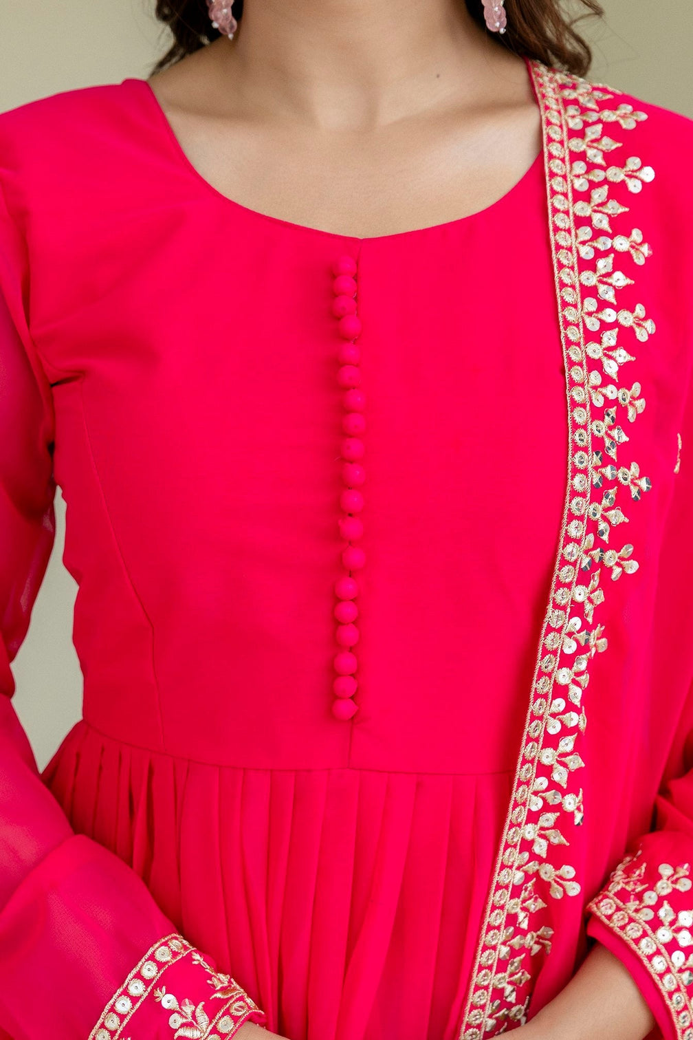 Pink Georgette Embroidered Gown with Dupatta Zari & Sequins Work Fully Stitched & Ready to Wear