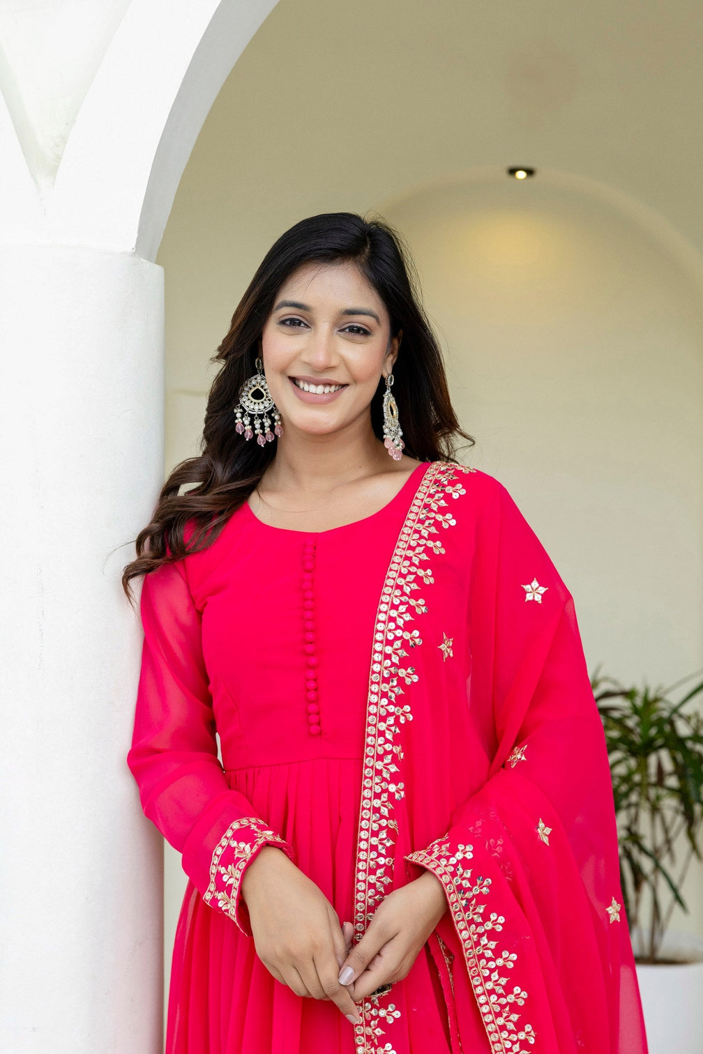 Pink Georgette Embroidered Gown with Dupatta Zari & Sequins Work Fully Stitched & Ready to Wear