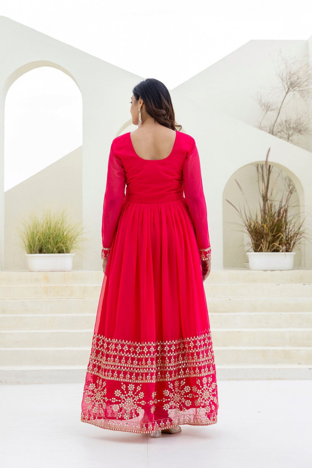 Pink Georgette Embroidered Gown with Dupatta Zari & Sequins Work Fully Stitched & Ready to Wear