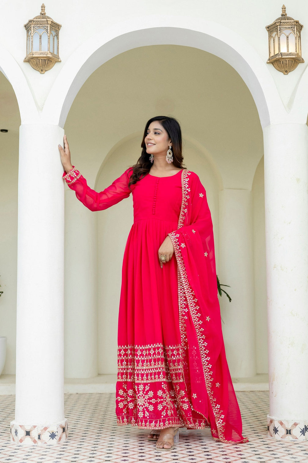 Pink Georgette Embroidered Gown with Dupatta Zari & Sequins Work Fully Stitched & Ready to Wear