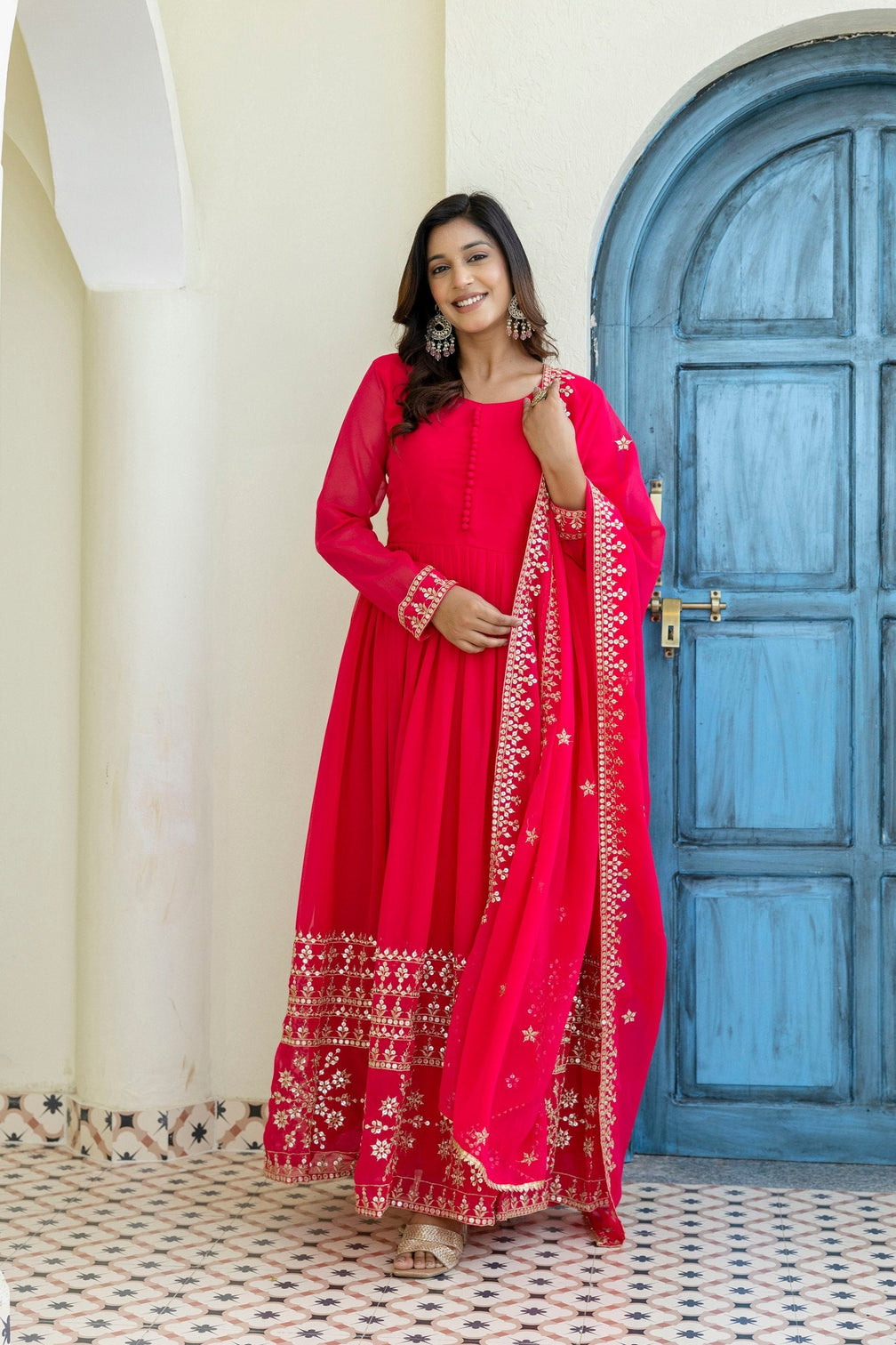 Pink Georgette Embroidered Gown with Dupatta Zari & Sequins Work Fully Stitched & Ready to Wear