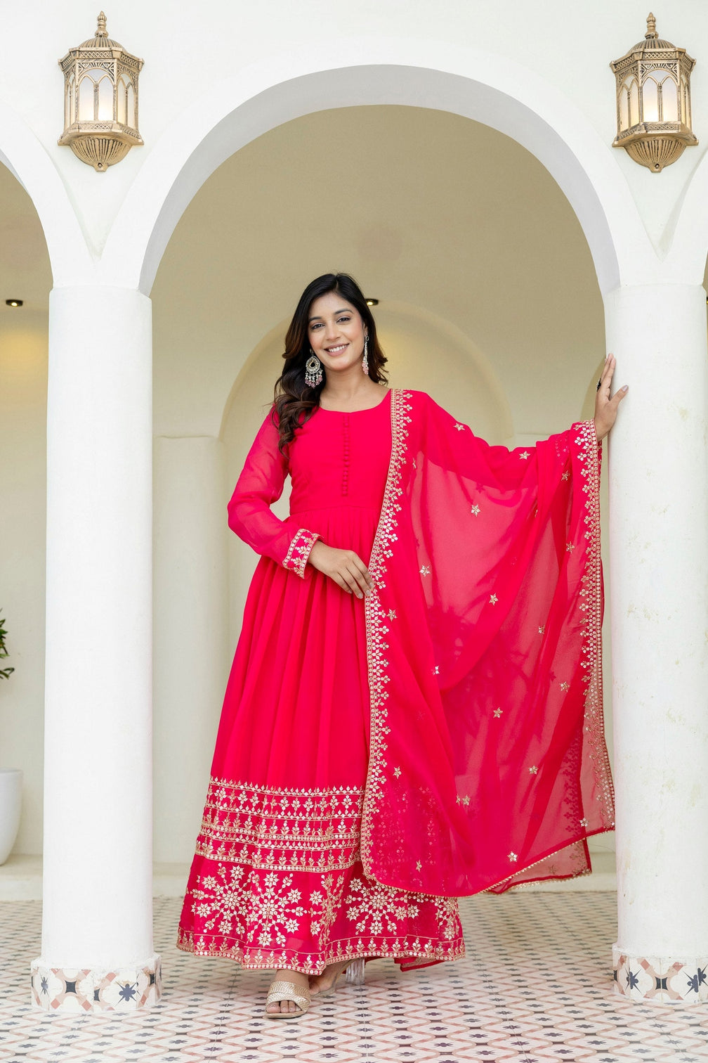 Pink Georgette Embroidered Gown with Dupatta Zari & Sequins Work Fully Stitched & Ready to Wear